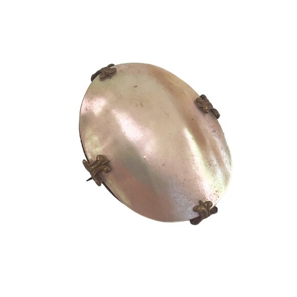Vintage Victorian Mother Of Pearl Oval Ornate Brooch Brass Detailing - Picture 5 of 5